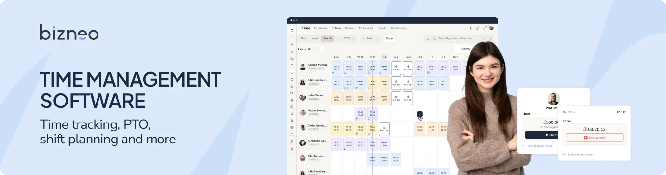 Bizneo Time Manager — Gestion du temps de travail avec 5 outils en 1