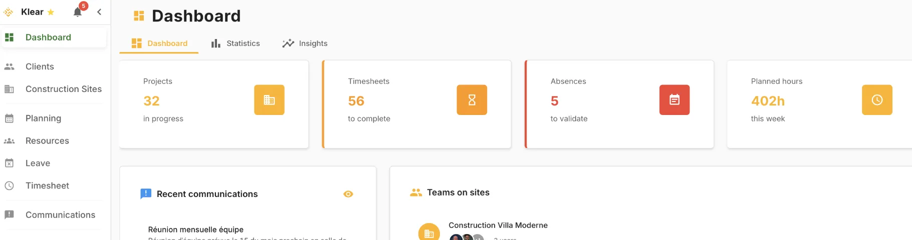 KLEAR — Construction site management, scheduling, chat, resources