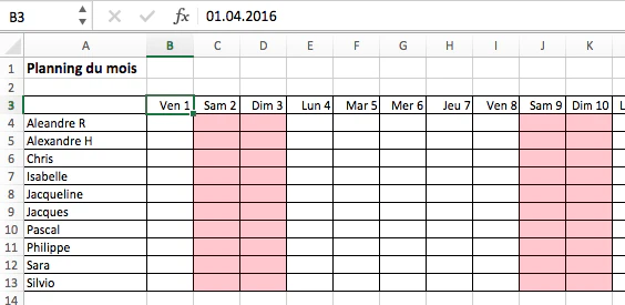 Exemple de planning aide à domicile : planning simple sur Excel