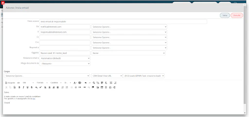 Task di Azione: Invio di una mail automatica al responsabile di riferimento