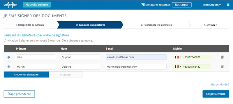 exemple d'ajout de signataires électroniques © Universign
