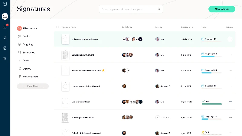 exemple de tableau de bord des signatures électroniques en cours © Yousign