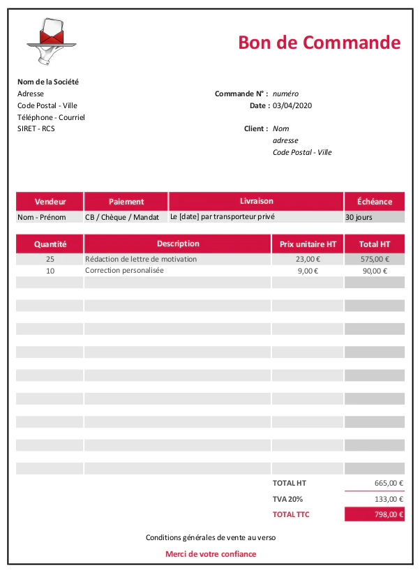 modèle bon de commande