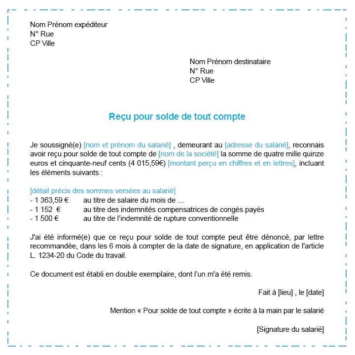 Modèle de reçu pour solde de tout compte