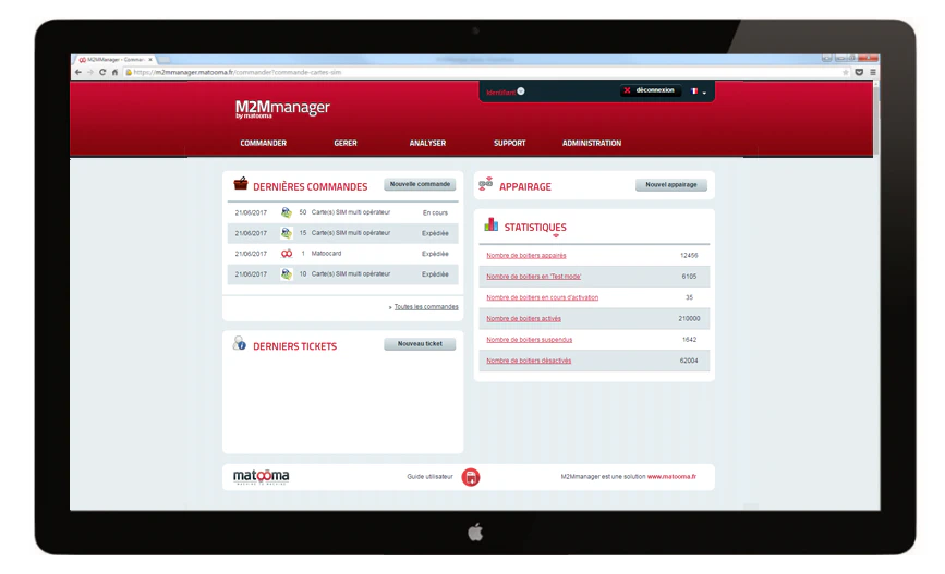 Tabkeau de bord du M2MManager plateforme de gestion d'objets conenctés