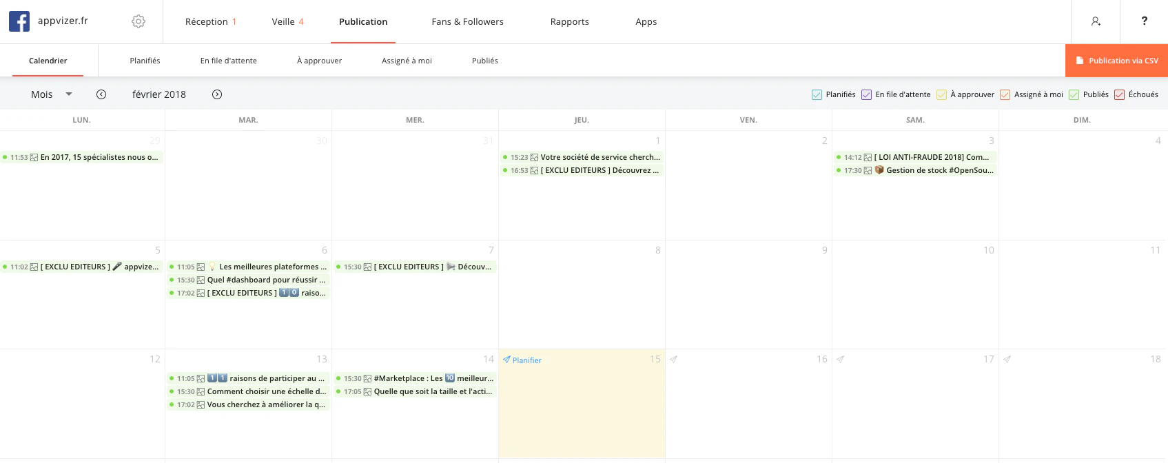 calendrier éditorial dans Agorapulse
