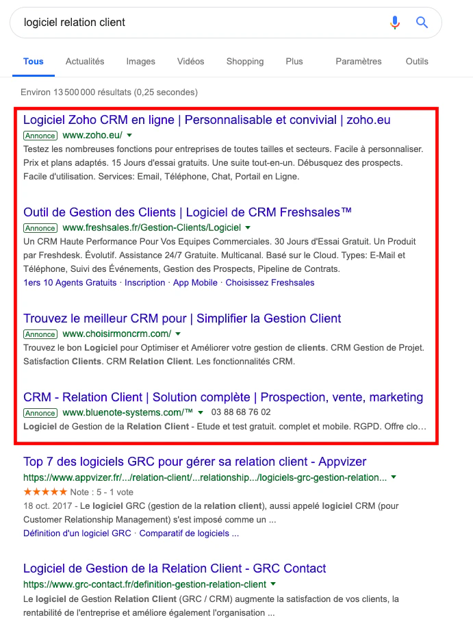 Agence adwords affichage annonces dans résultats Google