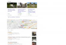 On aperçoit dans l’ordre : Google Shopping, Google Adwords, résultats naturels, Google Actualités et Google My Business (Google Map).