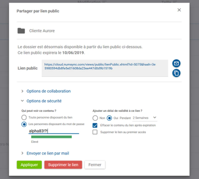 Numsync, partage par lien public ajout d'un mot de passe