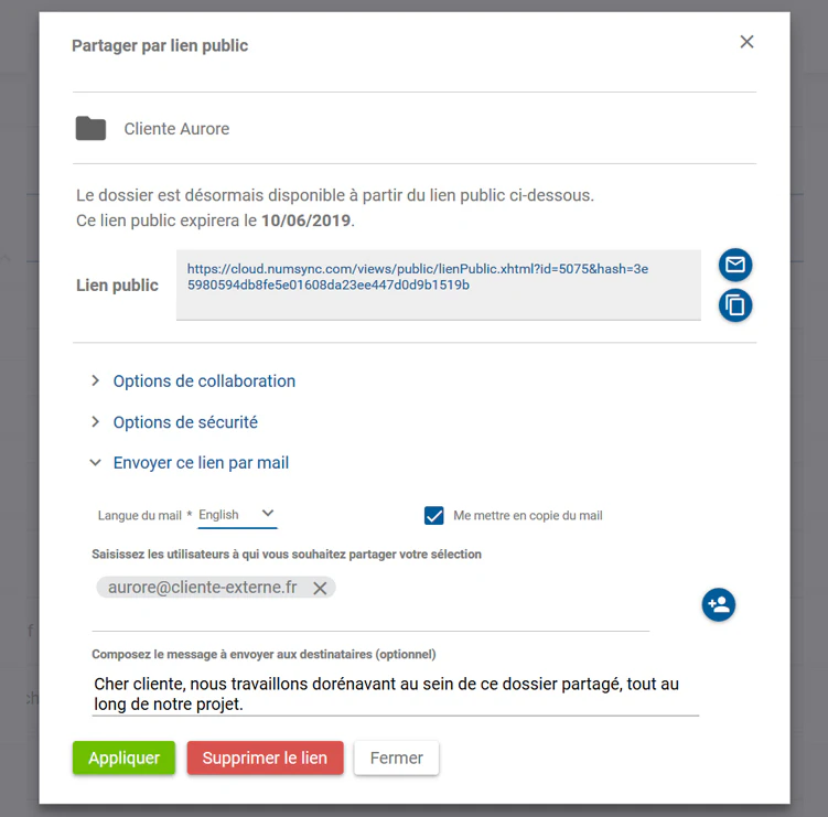 Numsync, partage par lien public ajout d'un message