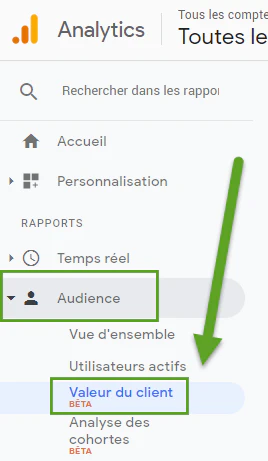 Google Analytics, rapport sur la valeur du client