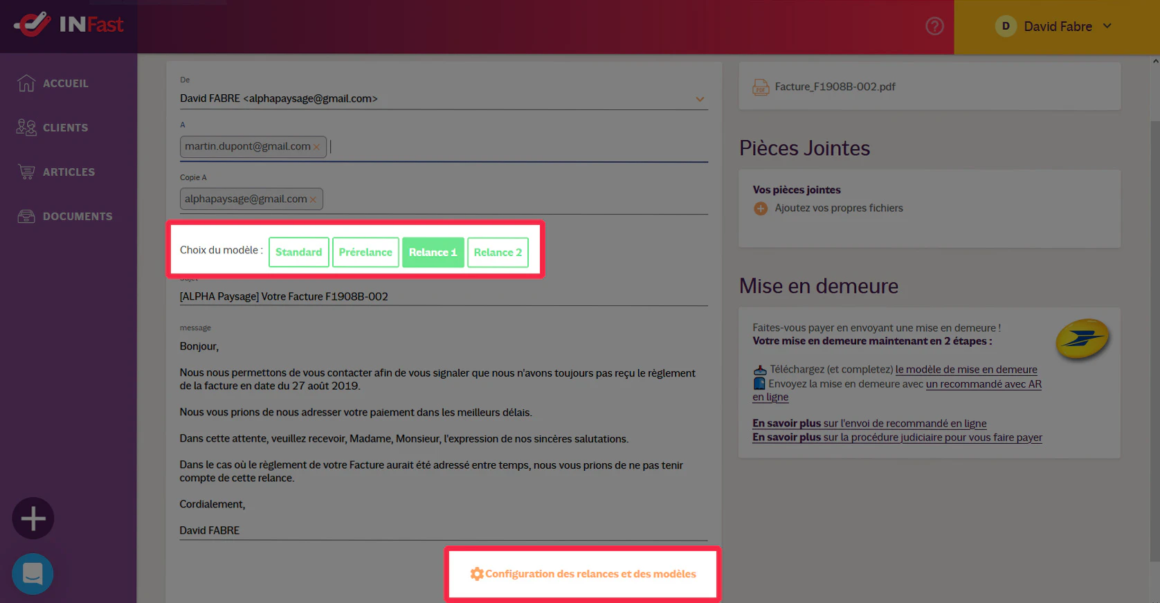 Tutoriel INFast : modèles de relance