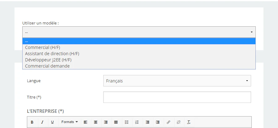 tutoriel Beetween : Vue de la sélection d’un modèle d’annonce lors de la rédaction d’une offre d’emploi