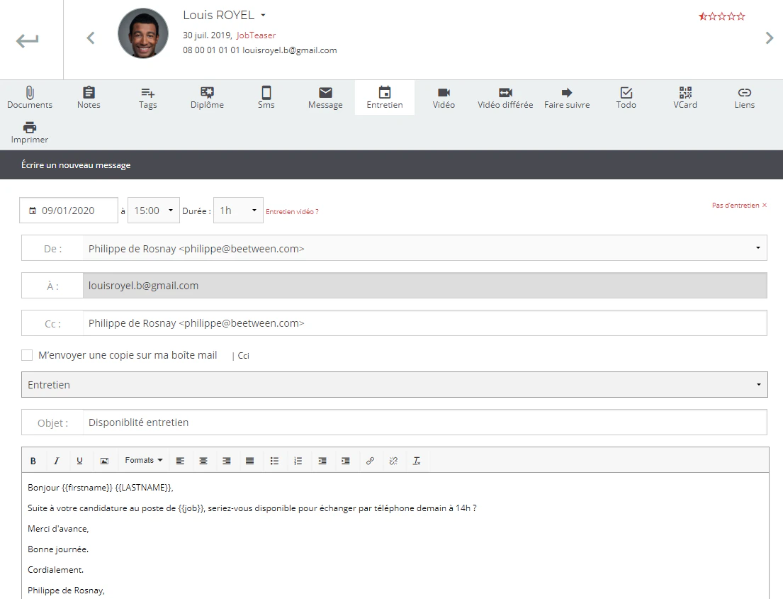 Tutoriel Beetween : Vue de l’envoi de la proposition d’entretien par email