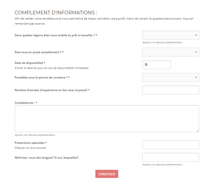 Tutoriel Beetween : Vue du questionnaire reçu par le candidat. Les questions posées sont à la discrétion du recruteur