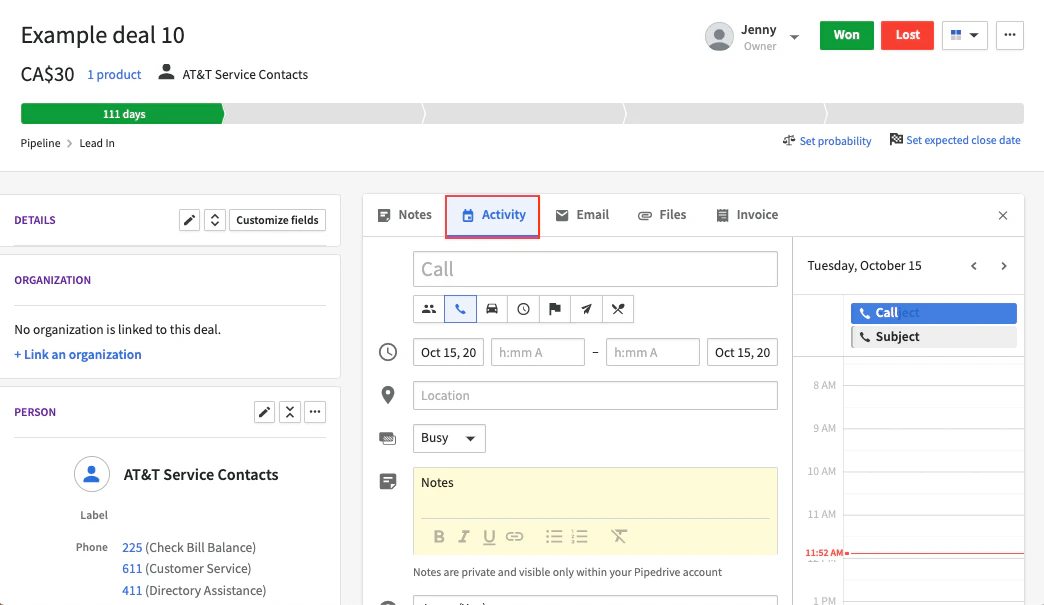 fiche prospect : visuel pipedrive