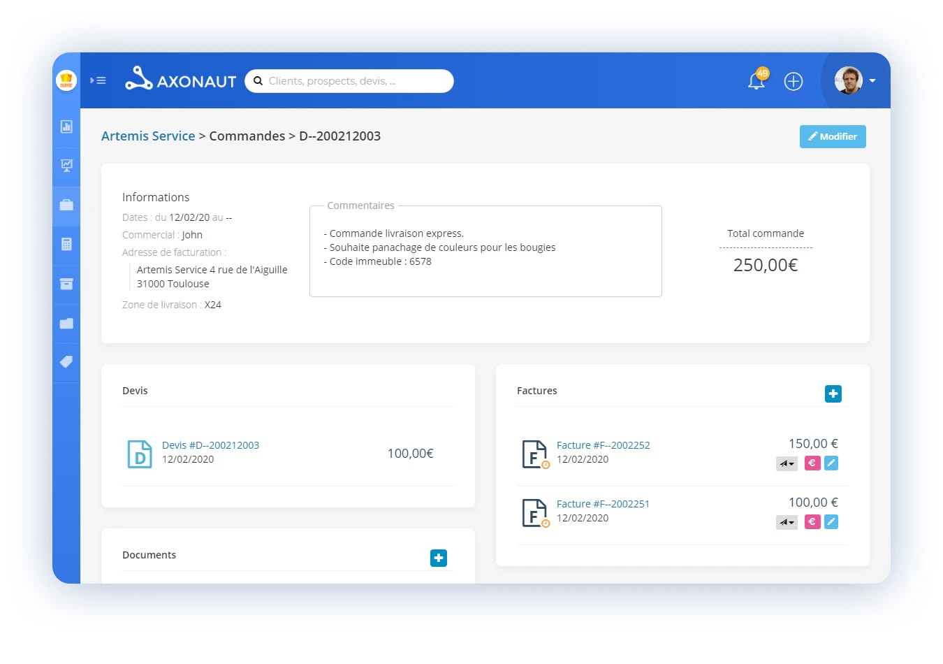 Aperçu d’une commande sur Axonaut