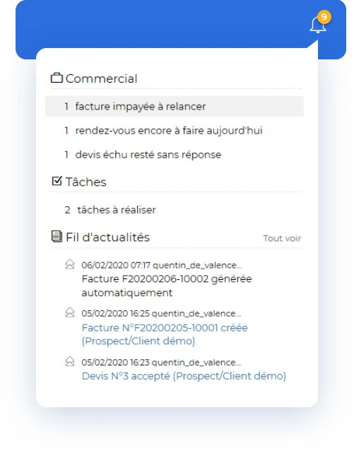 Aperçu des notifications sur Axonaut