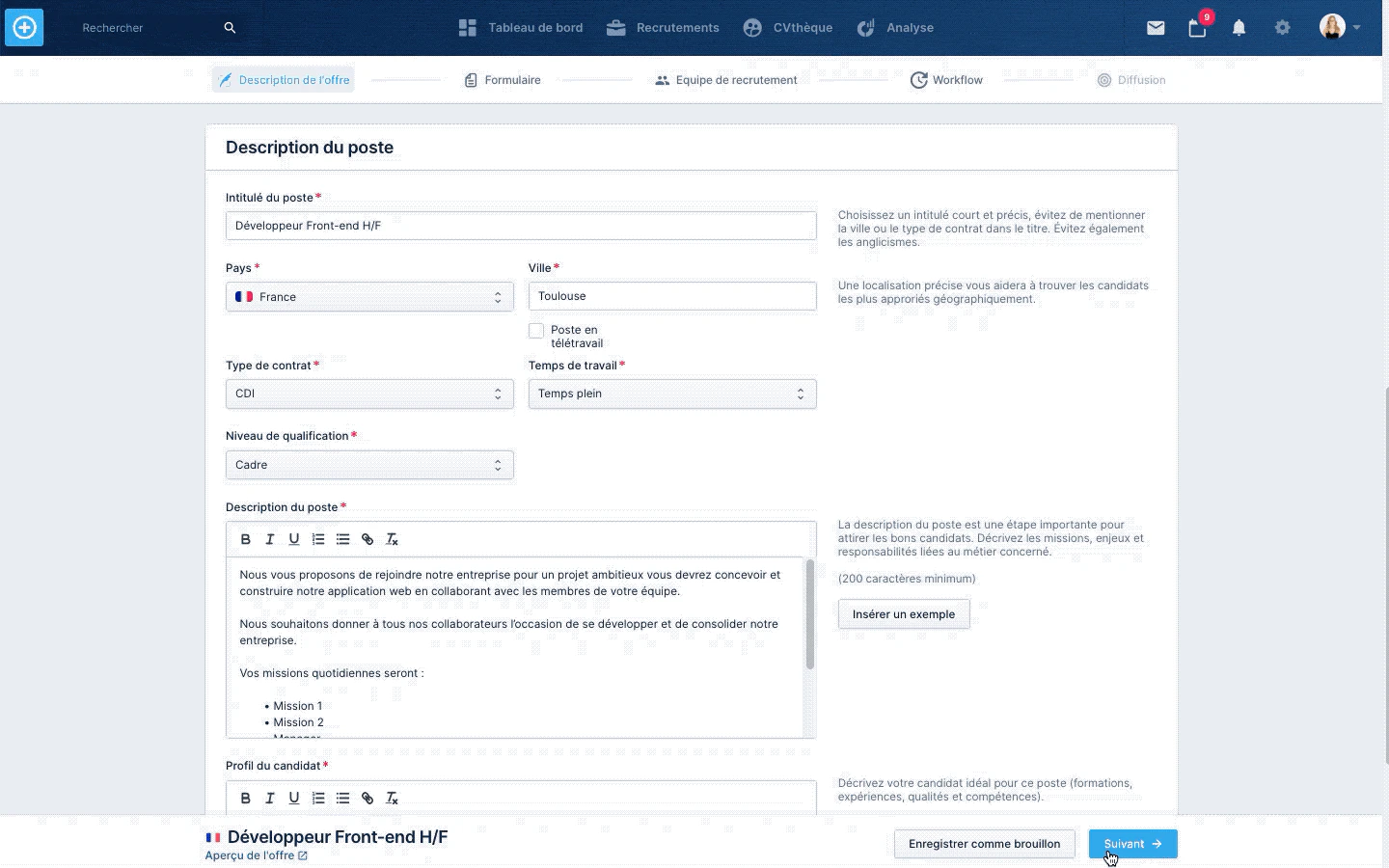 Création de l'offre d'emploi