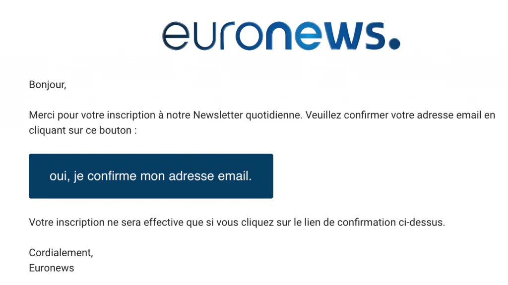 Mail de confirmation de souscription à la newsletter par © Euronews