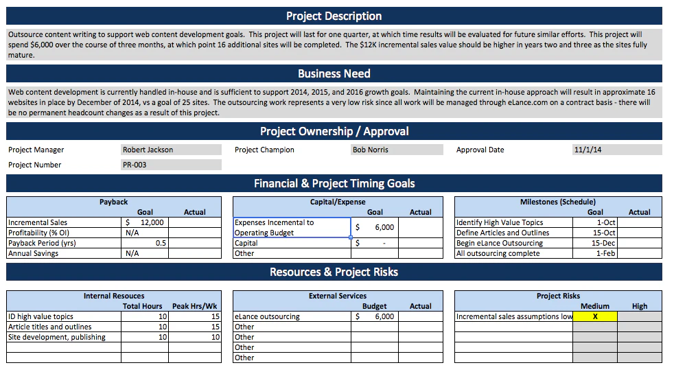 Template for project specification using Excel