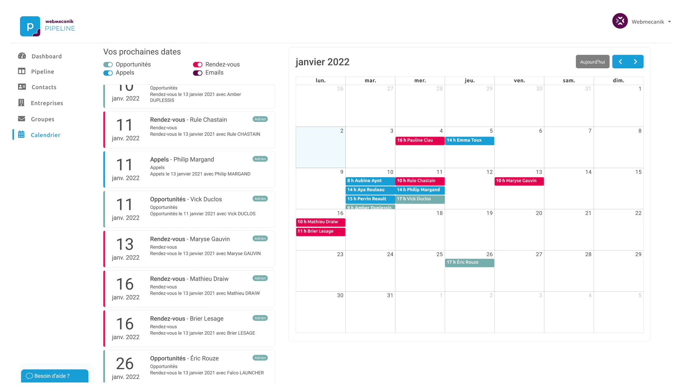 Webmecanik Pipeline - CRM - vue calendrier