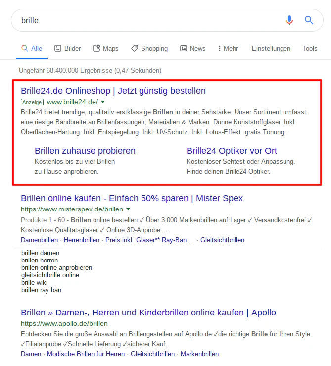 SEO und SEA an Beispiel einer SERP: Unterschiede und Definition