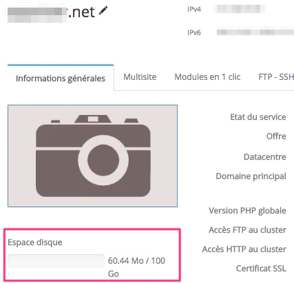 Espace client Web OVH (espace disque)