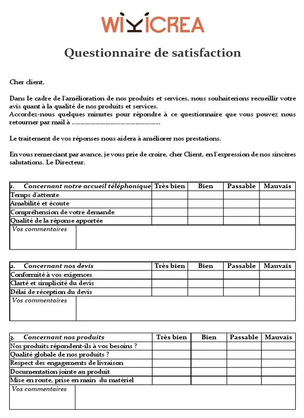 Exemple questionnaire de satisfaction Word