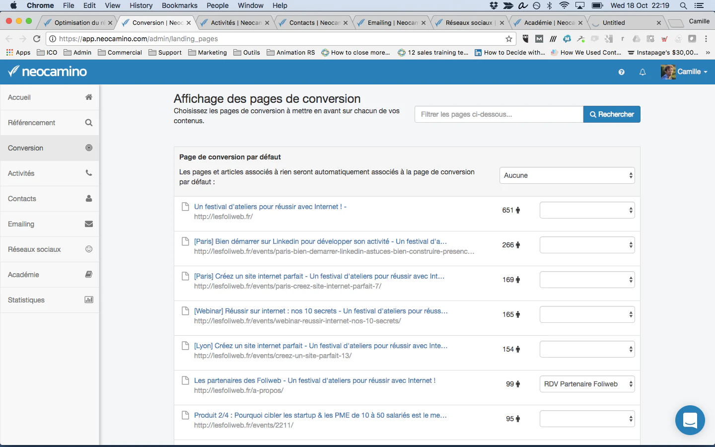 affichage des conversions de prospects dans le logiciel neocamino