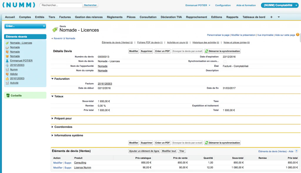 Numm facturation Salesforce