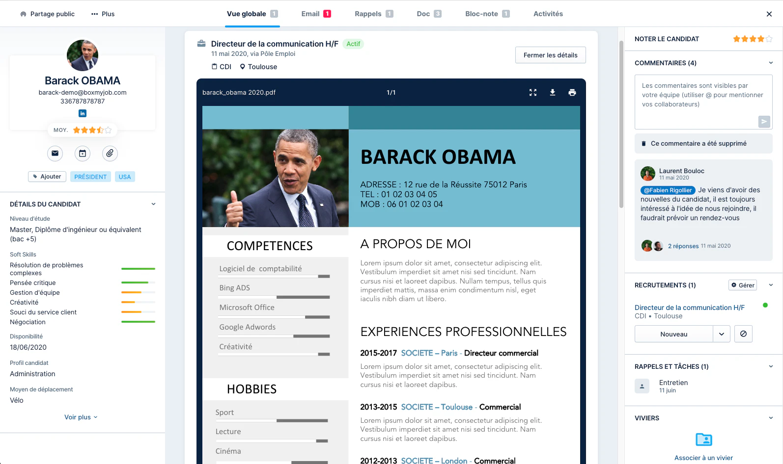 Diffusion offre d'emploi : Fiche candidat dans le logiciel de recrutement en ligne Taleez ATS