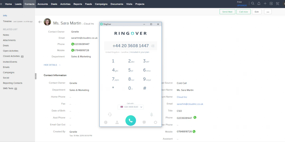 RingOver, unified communication system with interactive voice switchboard