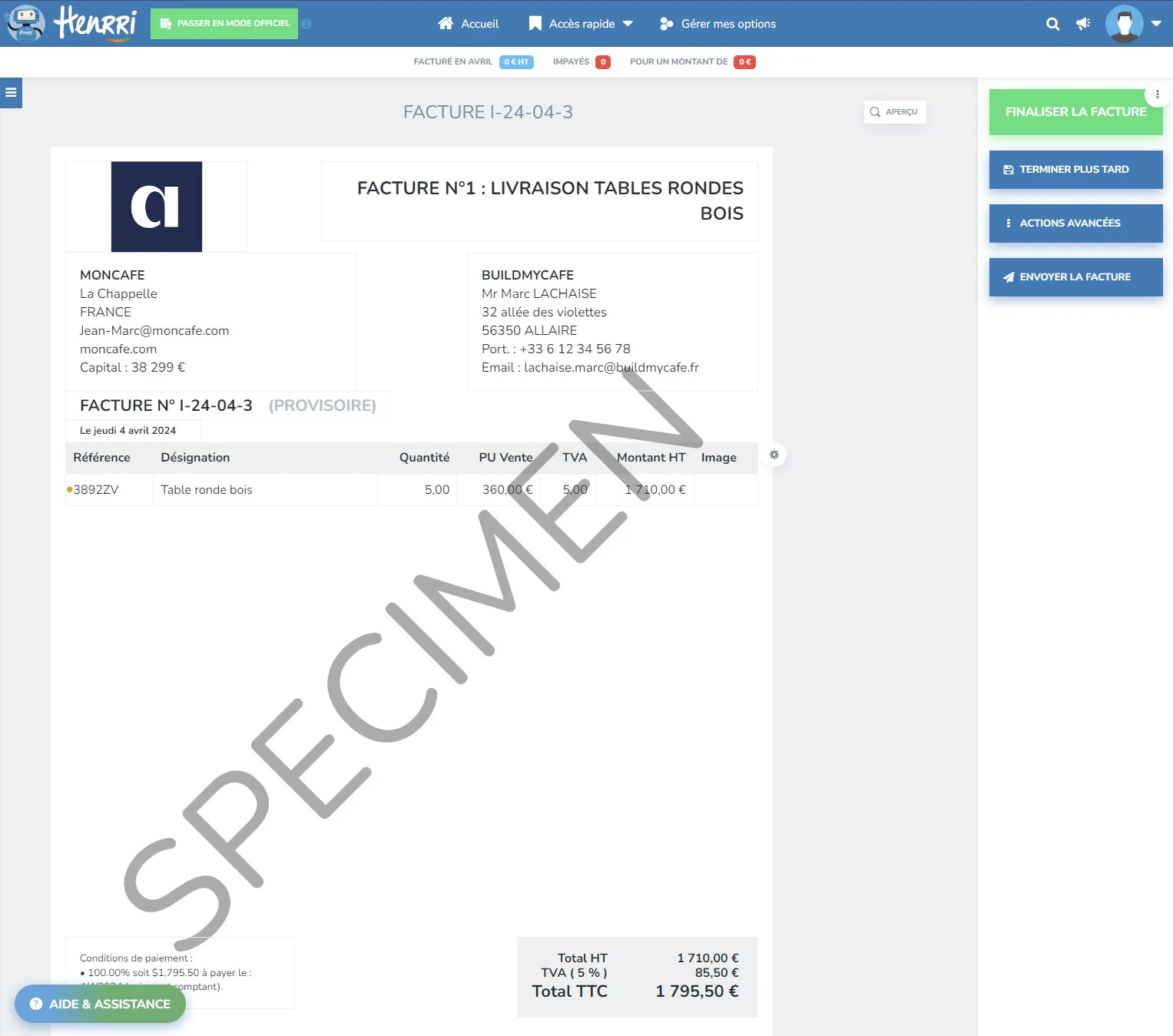 Aperçu de l'interface de facturation dans Henrri