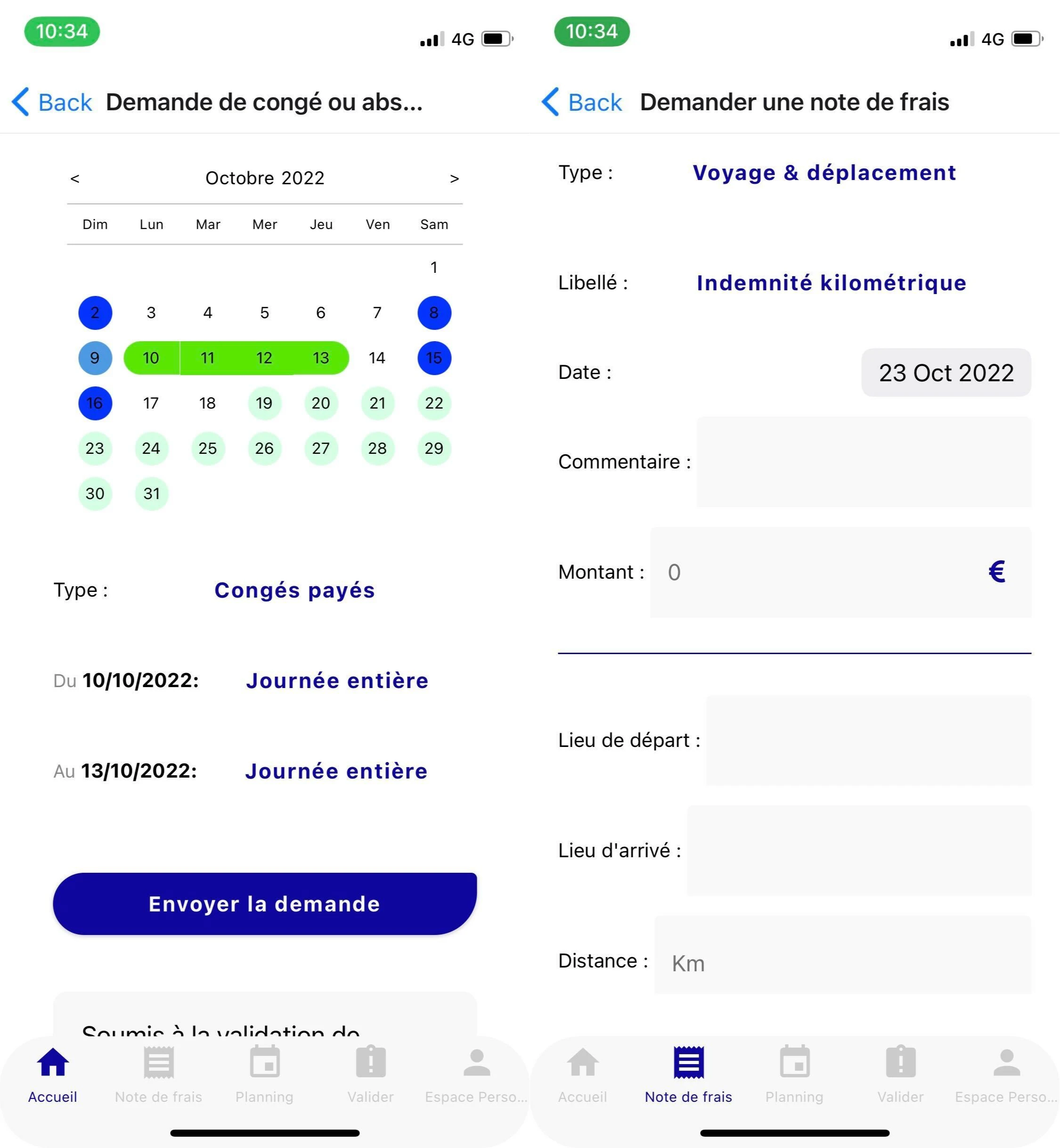 Vue calendrier et vue notes de frais © Hifivework