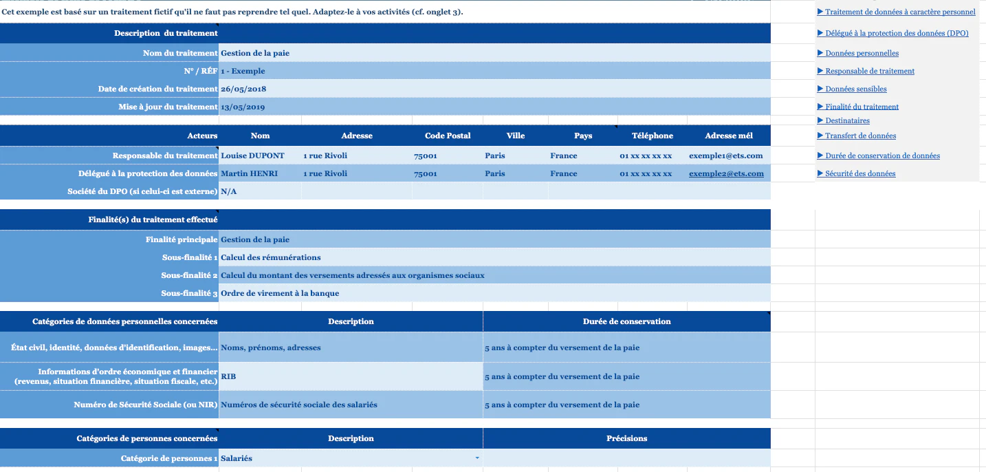 © Capture d’écran du modèle de registre simplifié mis en place par la CNIL